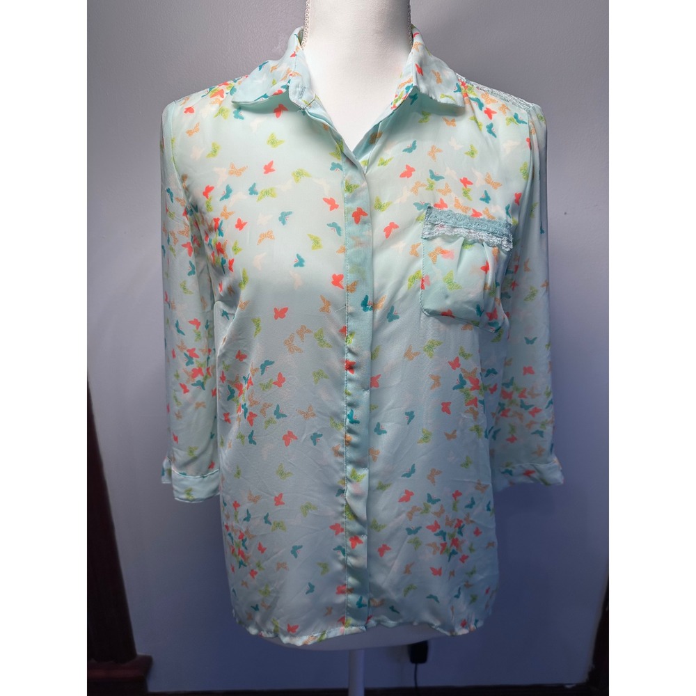 Candies Womens Butterfly Print Lace Back High Low Blouse Mint Green Size M